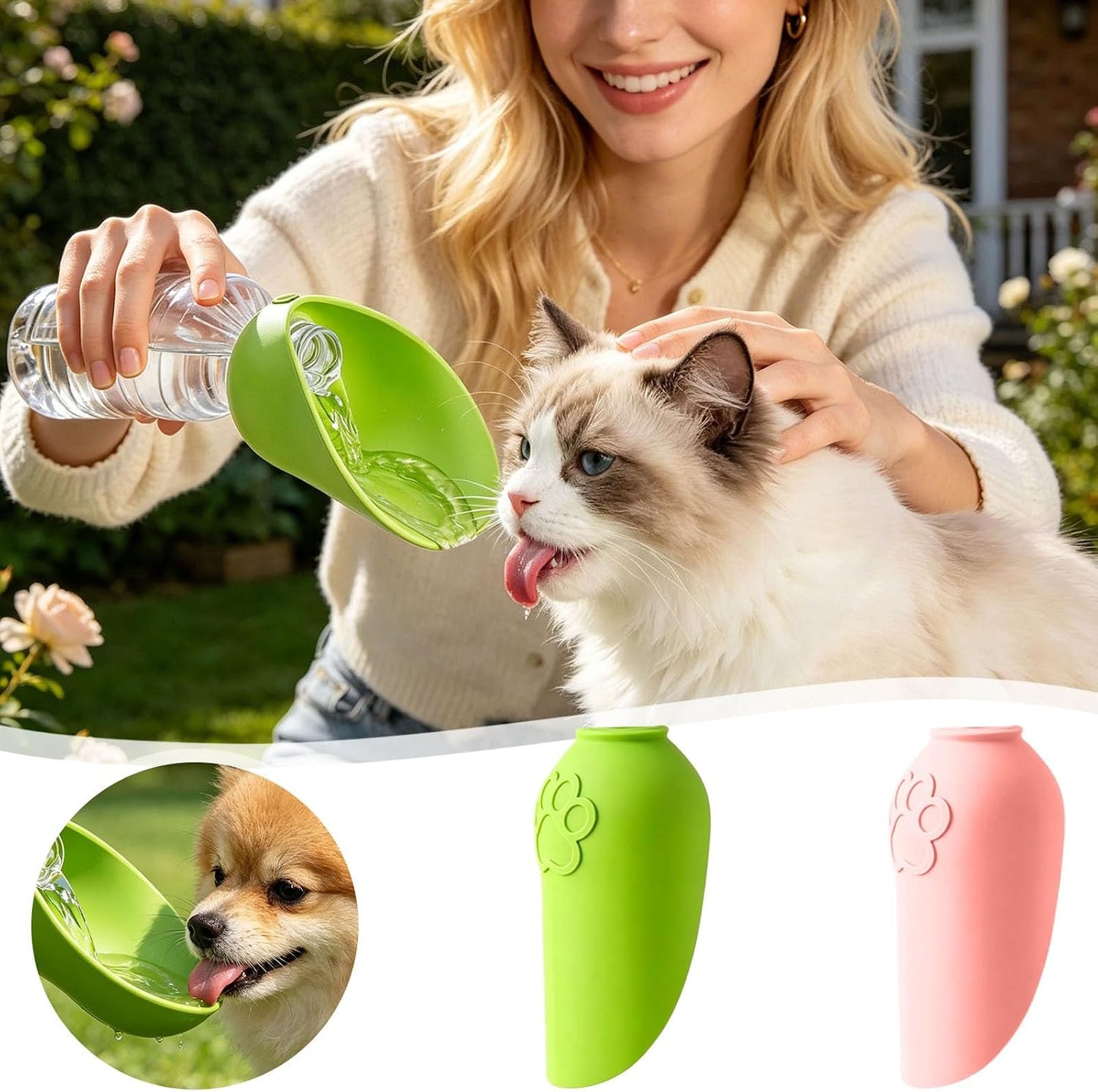 Silicone Dog Water Bottle Adapter, Portable Cat Water Dispenser for Standard Water Bottles, Leakproof Foldable Leaf Pet Dispenser Cap with Water Bowl for Dog Cat Outdoor Walking Hiking (Pink)
