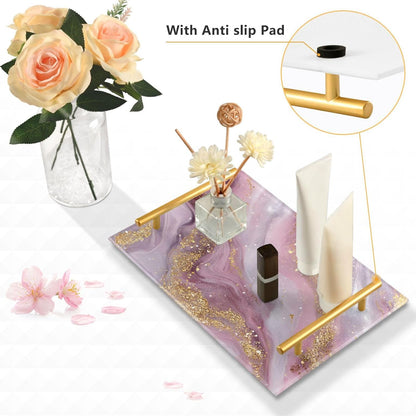 Beautiful Golden Pink Marble Bathroom Perfume Vanity Tray Acrylic Serving Tray with Handles Decorative Party Platters for Coffee Tea Table Kitchen Countertop