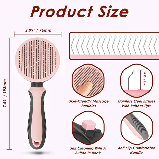 Pet Hair Brush, Cat Brush Self Cleaning Slicker Brush, Dog Brush for Shedding and Grooming, Pet Brush for Short and Long Haired Dogs Cats Rabbits, Removes Loose Undercoat & Tangled Hair (Pink)