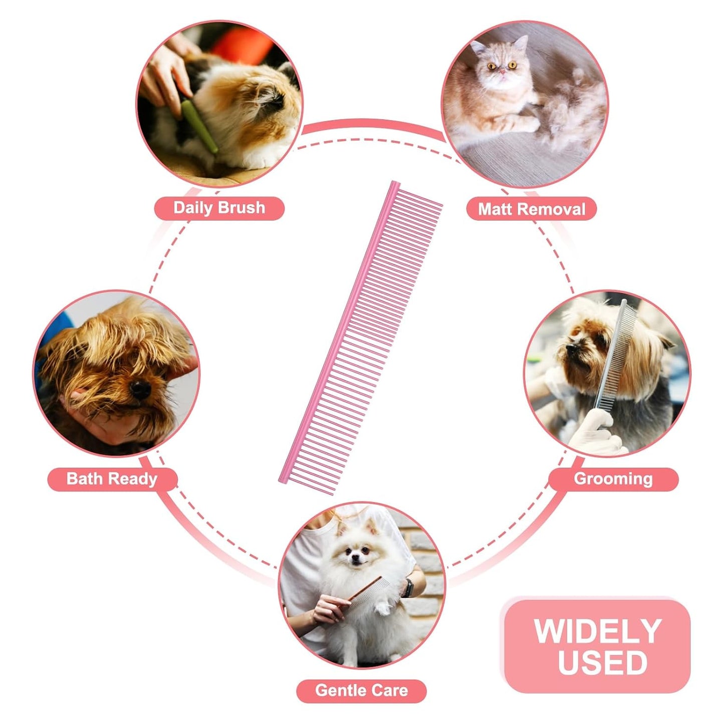 Dog Cat Comb, Pet Combs Stainless Steel Teeth with Rounded Ends for Knots Mats Loose Hair Removal, 6.5/7.5IN (Pink Coated, 2 Pack), Grooming Tool Intended for Long Curly Hair Pet