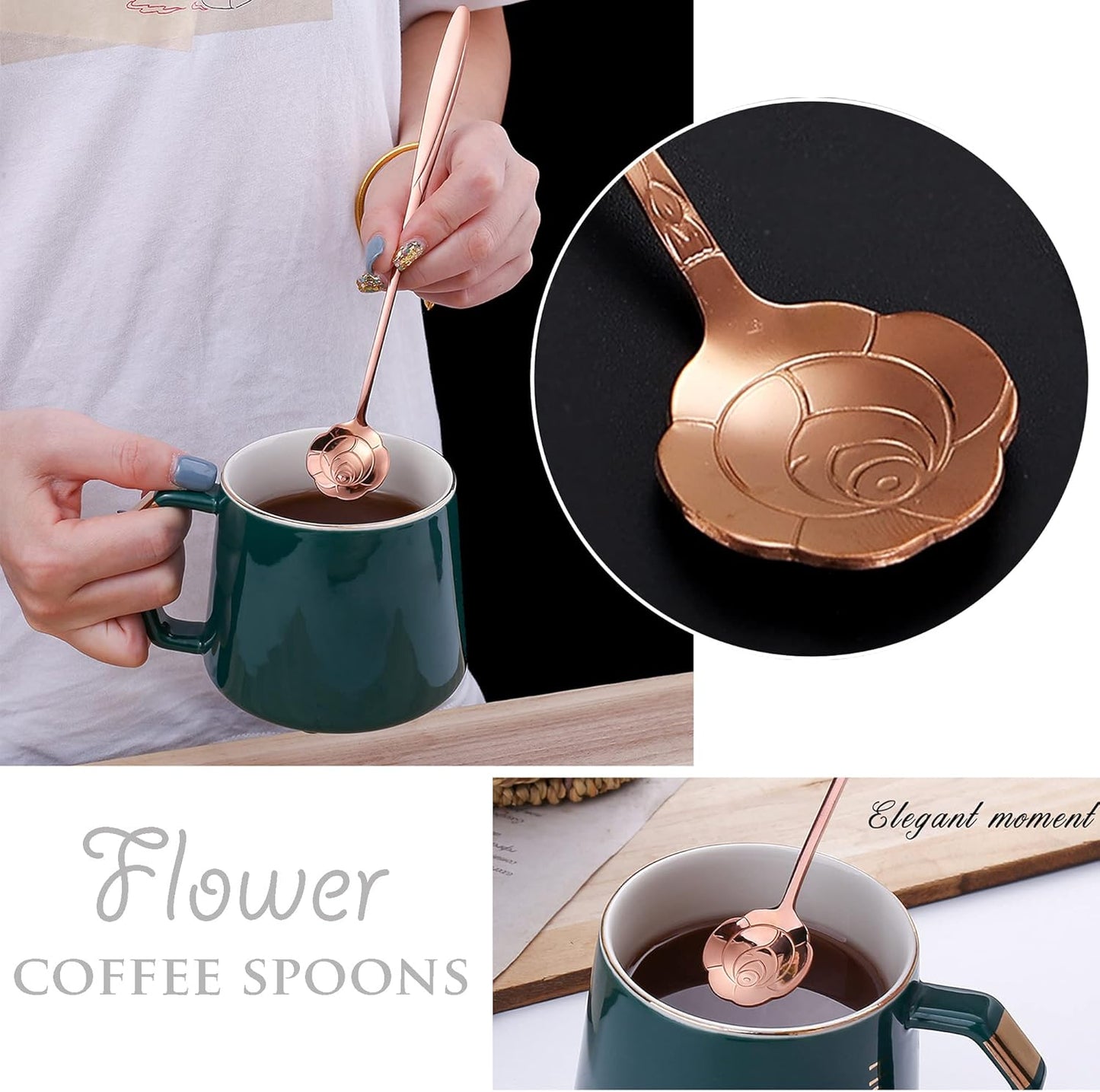 9 Pcs Flower Spoon Coffee Teaspoon Set, ESRISE Stainless Steel Tea Spoon for Tea Party Decorations (Rose Gold)
