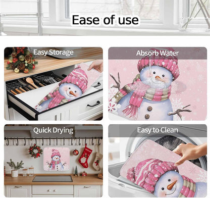 Christmas Pink Snowman Dish Drying Mat Absorbent Drying Matt Kitchen Counter Mats Pink White Snowflake Quick Dry Dishes Drainer Christmas Decorations 18x24 Inch