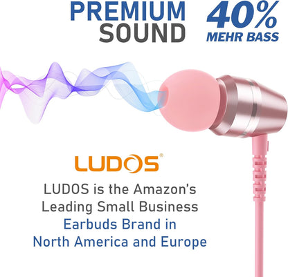 LUDOS OMNITONE Wired Earbuds in-Ear Headphones, 5 Year Warranty, Earphones with Microphone, 3.5 mm Jack Corded Ear Buds, Videoconference for iPhone, Samsung, Laptop, Kids, School Students - Pink