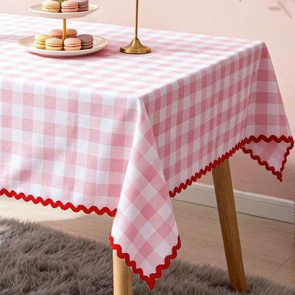 JarThenaAMCS Plaid Tablecloth with Rick Rack Pink Gingham Scalloped Table Cloth Checkered Waterproof Rectangle Table Cover for Spring Picnic Party Home Kitchen Decoration, 55 x 70 Inch