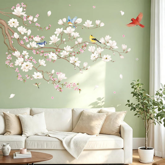 SHUCHING Pink and White Flowers Wall Decal Peel and Stick, Vinyl Vintage Floral Tree Branch Wall Sticker, Wall Decor Art for Girls Bedroom Living Room