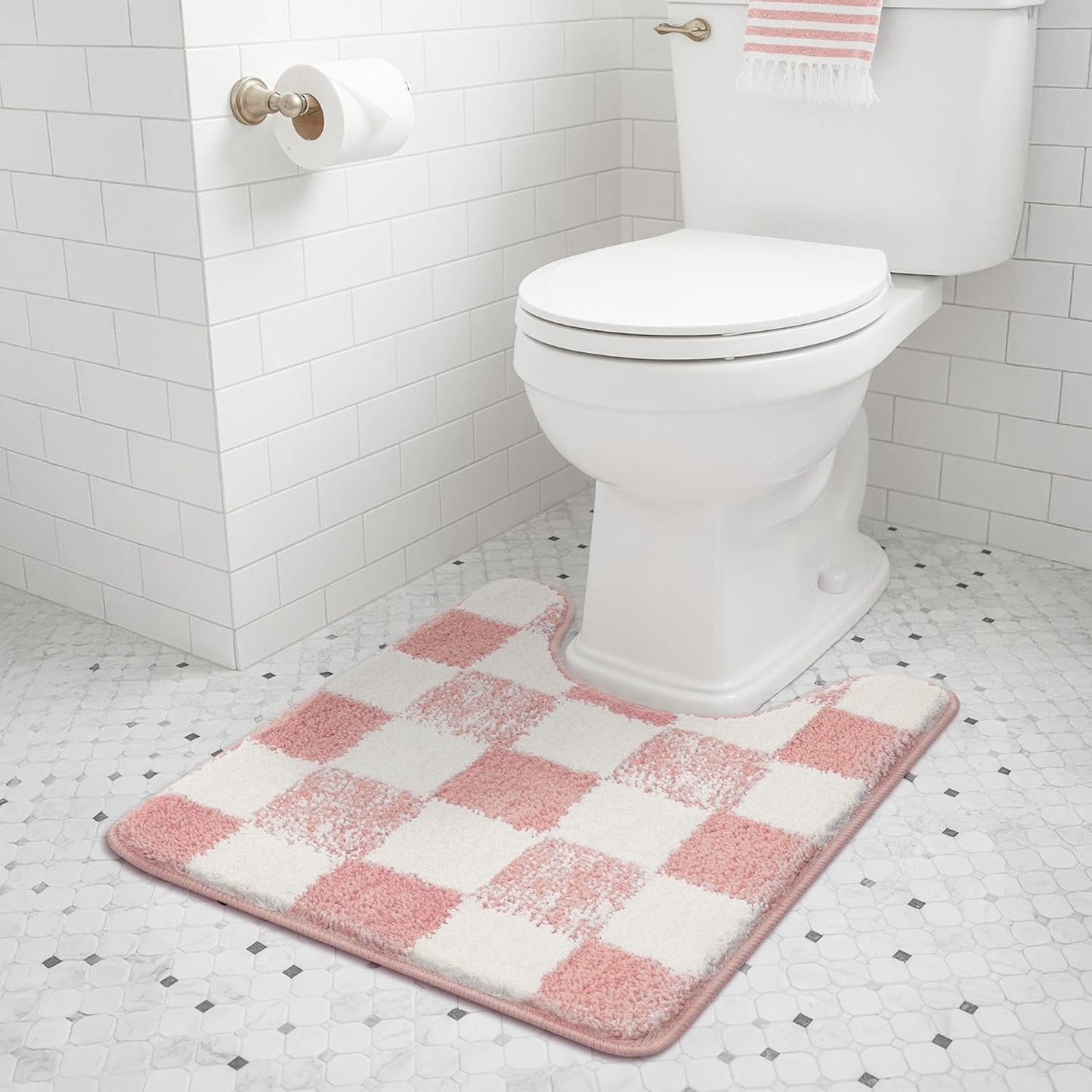 GRANNY SAYS Toilet Rugs U Shaped Washable Non Slip, Toilet Mats for Bathroom Soft Plush Shaggy Absorbent, Microfiber Bath Mats for Bathroom Toilets Cute Decor, 20" x 24", Checkered Pink