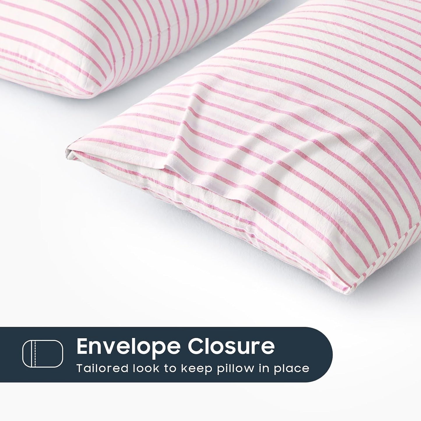 Wake In Cloud - Striped Pillow Cases, 100% Washed Cotton, Ticking Stripe Vertical Pinstripe Neutral Farmhouse, Set of 2 Pillowcases Pillow Shams Covers, Pink White, Standard Size 20x26 Inches