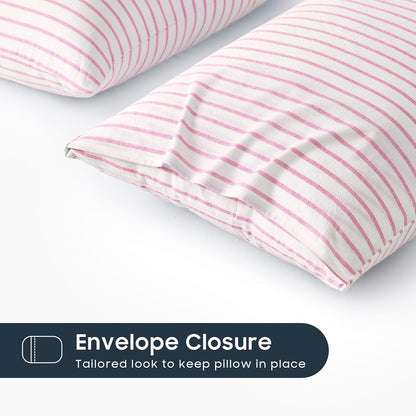 Wake In Cloud - Striped Pillow Cases, 100% Washed Cotton, Ticking Stripe Vertical Pinstripe Neutral Farmhouse, Set of 2 Pillowcases Pillow Shams Covers, Pink White, Standard Size 20x26 Inches