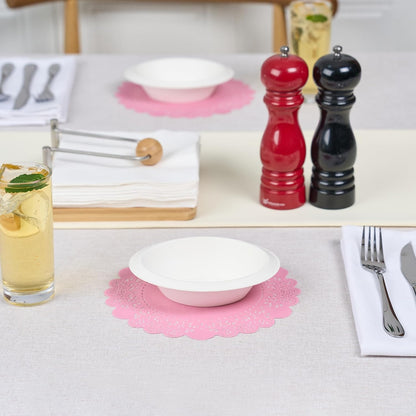Pastry Tek 8 x 8 Inch Paper Lace Doilies, 100 Disposable Table Doilies - Elegant Lace Finish, Long Lasting, Pink Paper Doily, for Pastries, Cupcakes, Desserts - Restaurantware