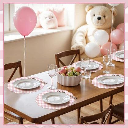 60 Pcs Pink and White Gingham Paper Placemat,13.5 Inch Scalloped Checkered Place Mats Disposable Table Placemats Decorative Paper for Anniversay Baby Shower Wedding Banquet Tea Party Picnic
