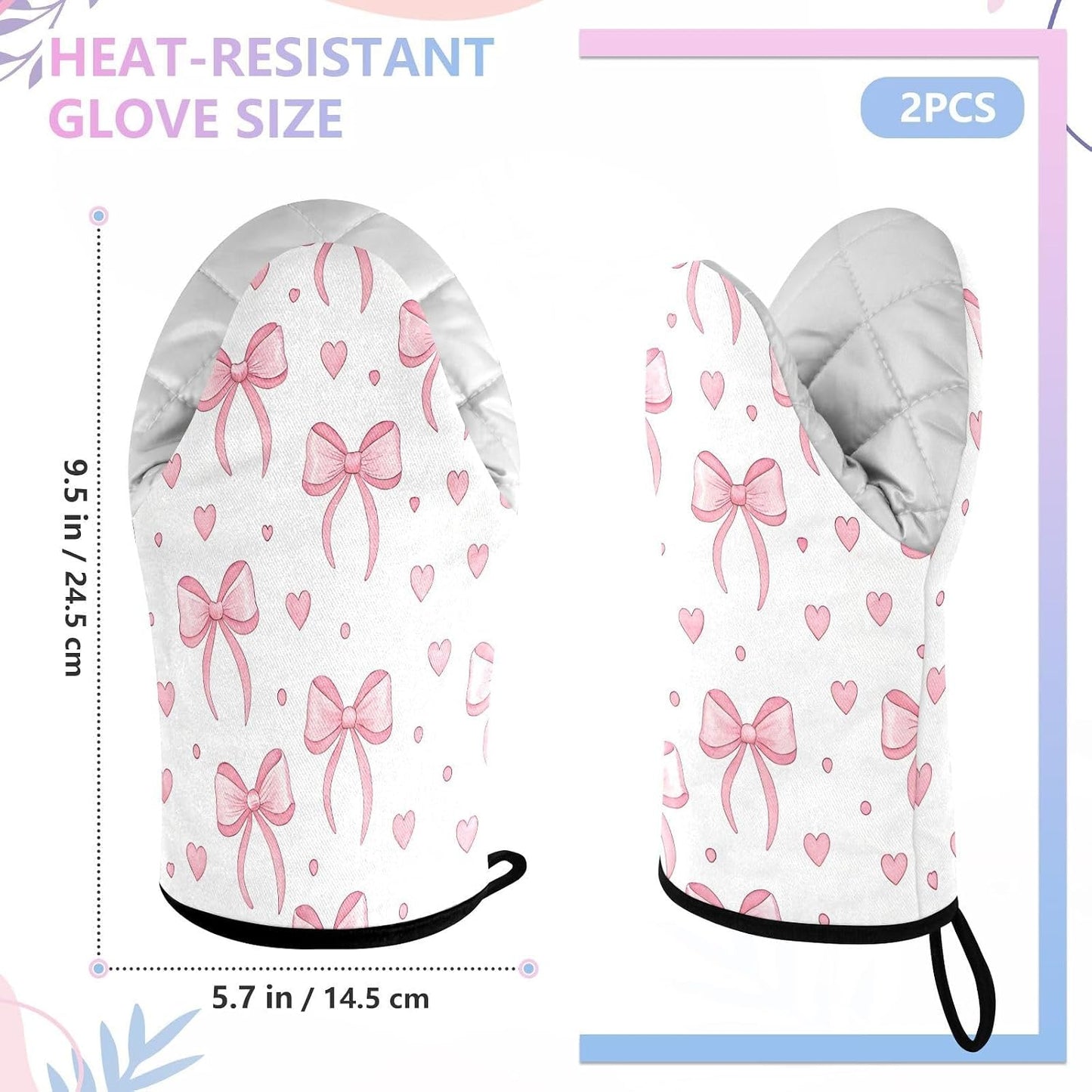 Pink Bows Hearts Non-Slip Oven Mitts Set Heat Resistant Kitchen Gloves with Quilted Liner Cotton Machine Washable with Hanging Loop for Baking Grilling BBQ