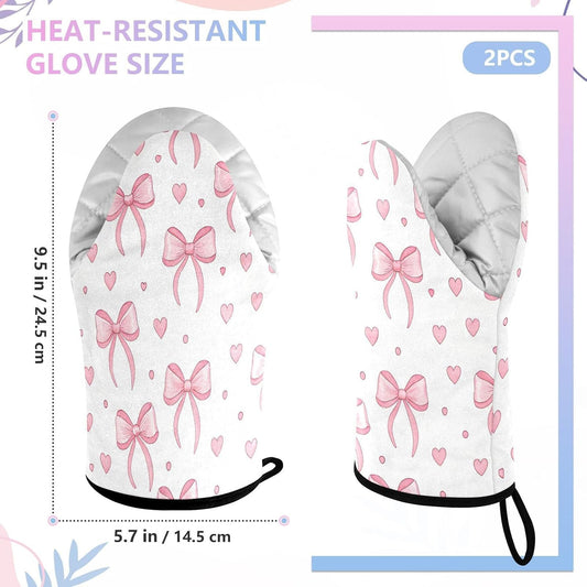 Pink Bows Hearts Non-Slip Oven Mitts Set Heat Resistant Kitchen Gloves with Quilted Liner Cotton Machine Washable with Hanging Loop for Baking Grilling BBQ