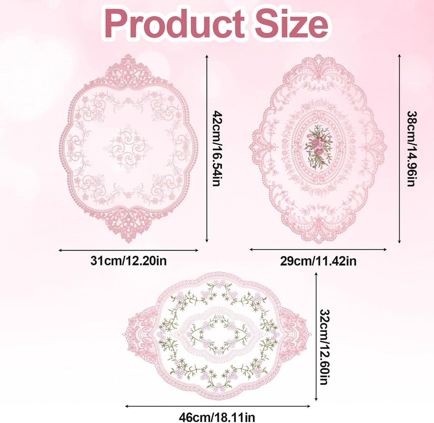 3 Pcs Pink Retro Lace Placemats, 12x16 in Lace Doilies for Tables French Crochet Oval Embroidered Table Place Mats for Wedding Party Home Vase Cup Mat Table Decor(3 Sizes)