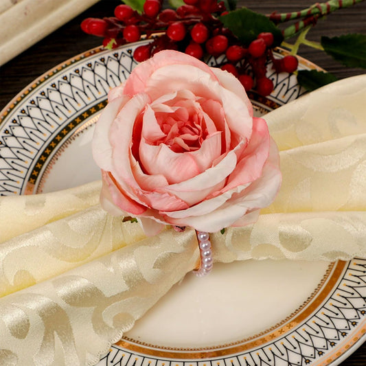 JarThenaAMCS Pink Flower Napkin Rings Set of 12 Rose Pearl Napkins Holders Rustic Dinner Table Rings for Wedding Party Banquet Birthday Table Decor, 1.9 x 4.1 in
