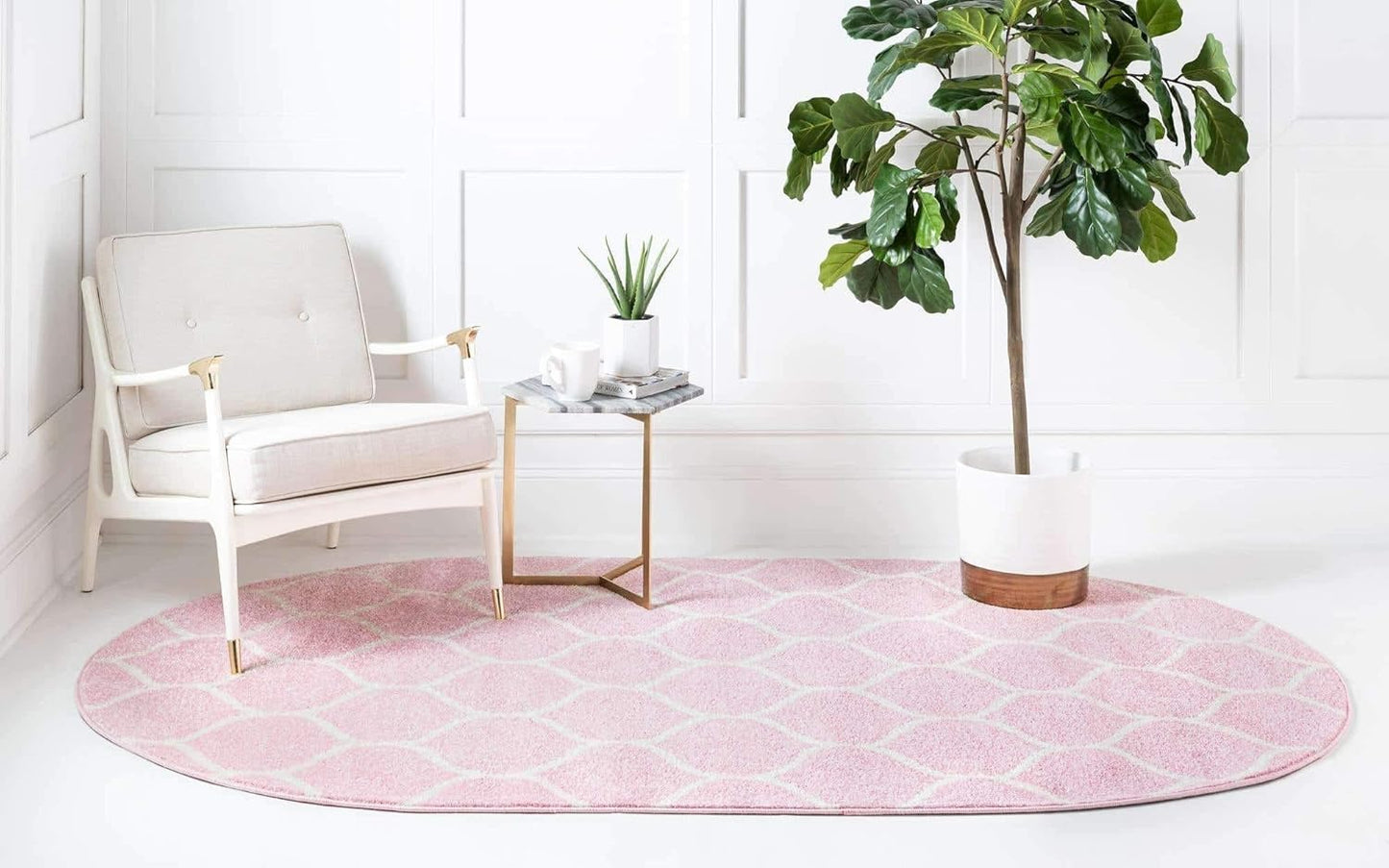Unique Loom Trellis Frieze Collection Area Rug - Rounded (4' x 6' Oval, Light Pink/ Ivory)