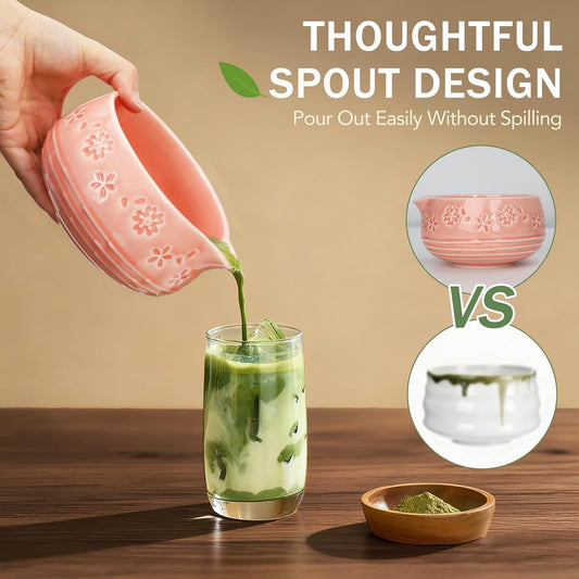 Matcha Whisk Set with 550ml Spouted Ceramic Bowl, 80-Prong Bamboo Chasen, Stainless Steel Sifter, Whisk Holder & Scoop – Complete Japanese Matcha Kit for Beginners, Gift Set for Tea Lovers-Pink