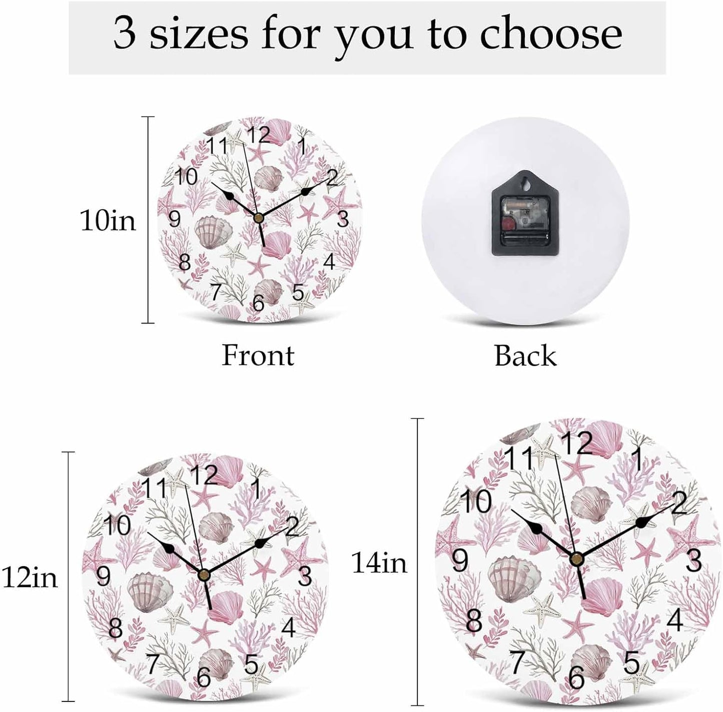 Wall Clock Pink Starfish Shell Clocks PVC Silent Non-Ticking Battery Operated Decorative Coral Ocean Marine Life Round Clock for Home Living Room Kitchen Bedroom Office School Wall Decor 10 Inch
