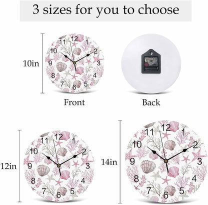 Wall Clock Pink Starfish Shell Clocks PVC Silent Non-Ticking Battery Operated Decorative Coral Ocean Marine Life Round Clock for Home Living Room Kitchen Bedroom Office School Wall Decor 10 Inch