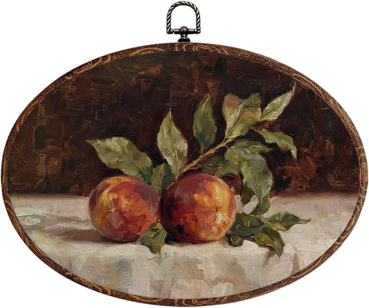 Vintage Peach Oval Framed Wall Art, Fruit Painting Peach Prints Canvas Art Wall Decor, Cottagecore Nature Hanging Decor Artwork for Home Living Room Kitchen Gallery Bedroom Farmhouse 12X8.3