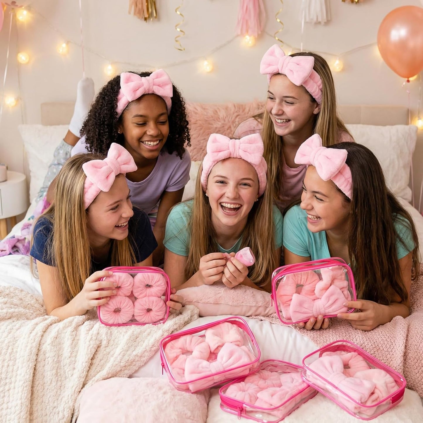 24Pcs Spa Sleepover Party Supplies for Girls,6 Spa Headbands 6 Clear Cosmetic Bags 6 Hair Ties 6 Face Towels,Sleepover Stuff for Valentine Galentine Party(Pink)