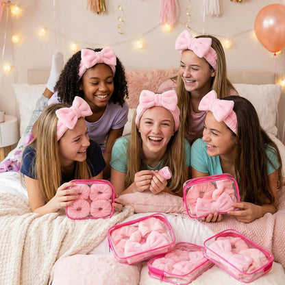 24Pcs Spa Sleepover Party Supplies for Girls,6 Spa Headbands 6 Clear Cosmetic Bags 6 Hair Ties 6 Face Towels,Sleepover Stuff for Valentine Galentine Party(Pink)