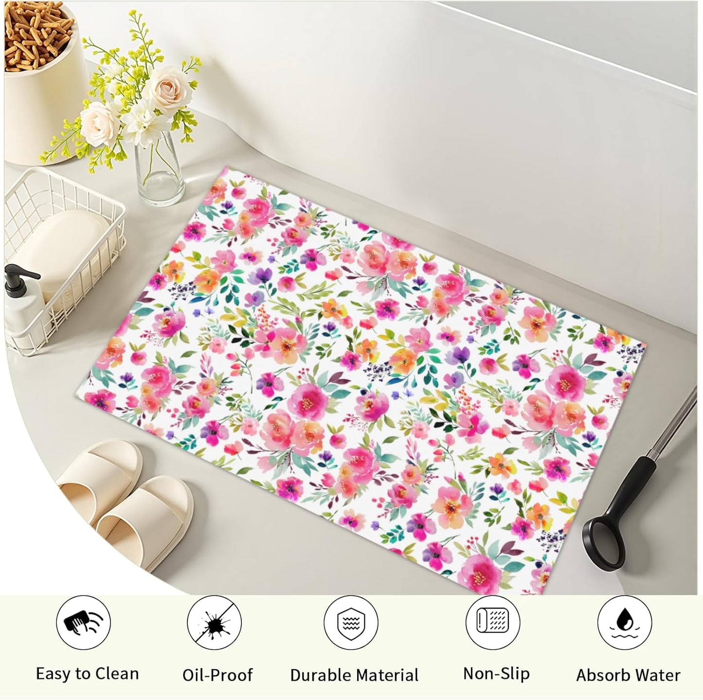 Pink Floral Bathroom Rug Spring Watercolor Boho Non Slip Low Pile Bath Mats Machine Washable Farmhouse Flower Bath Rugs for Bathroom Shower Tub Sink Laundry Room 20x32 Inch