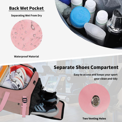 Large Sports Gym Bag, Travel Duffel bag with Wet Pocket & Shoes Compartment for men women, 65L, Lightweight（Pink）