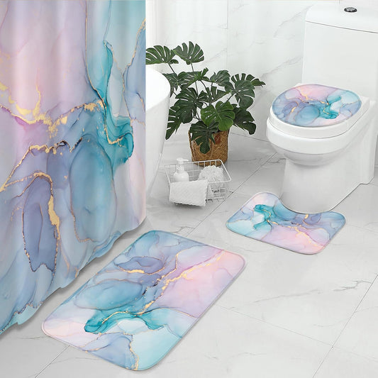 Gibelle 4 Pcs Bathroom Shower Curtain Set with Non-Slip Rugs, Toilet Lid Cover and Bath Mat, Blue Pink Marble Bathroom Decor Set with Shower Curtain and Rugs and Accessories