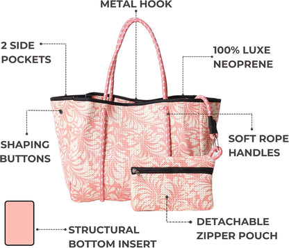 POPUPS Large Neoprene Tote Bag for Women - Everyday Designer Handbag for Travel Work and Beach with Pockets and Zipper Pouch