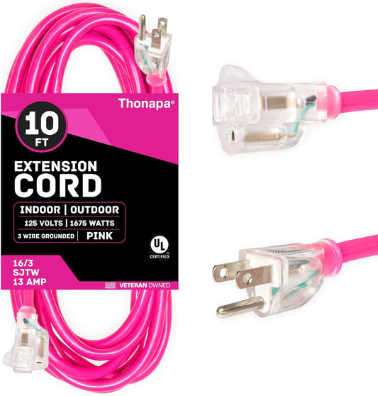 THONAPA 10 Ft Outdoor Extension Cord with 3 Prong, 16/3 SJTW Neon Pink Extension Cord 10ft, 13 AMP for Indoor or Outdoor Use, Small Appliances, Gardens, Lawn, Lights Decor - UL Listed