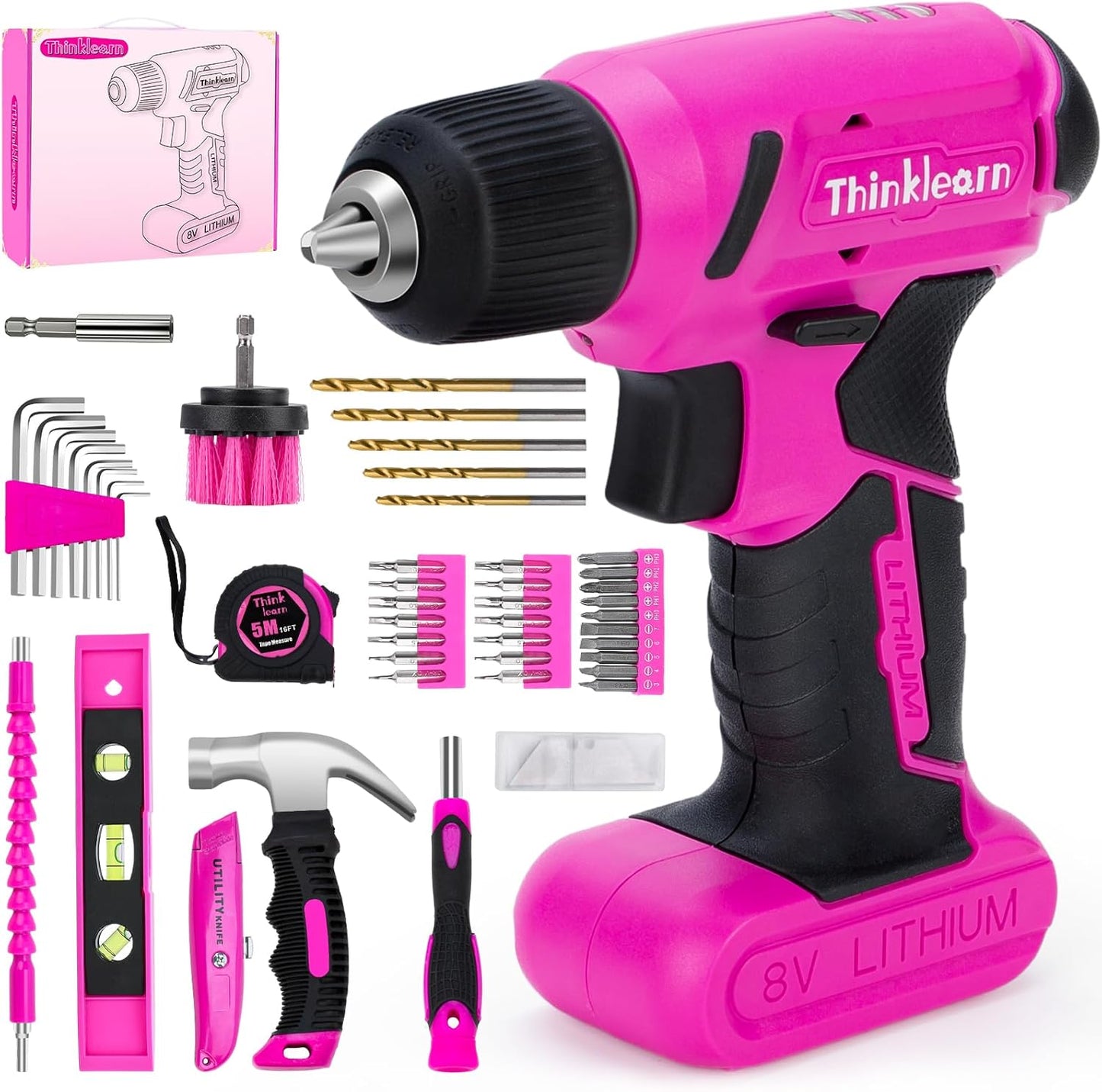 8V Pink Cordless Drill Set, 64 Pcs Pink Power Drill Tool Kit for Women, 3/8"Keyless Chuck Electric Screwdriver Driver Kit for Home DIY and Repair, USB Charger and Storage Box Included