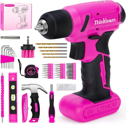 8V Pink Cordless Drill Set, 64 Pcs Pink Power Drill Tool Kit for Women, 3/8"Keyless Chuck Electric Screwdriver Driver Kit for Home DIY and Repair, USB Charger and Storage Box Included