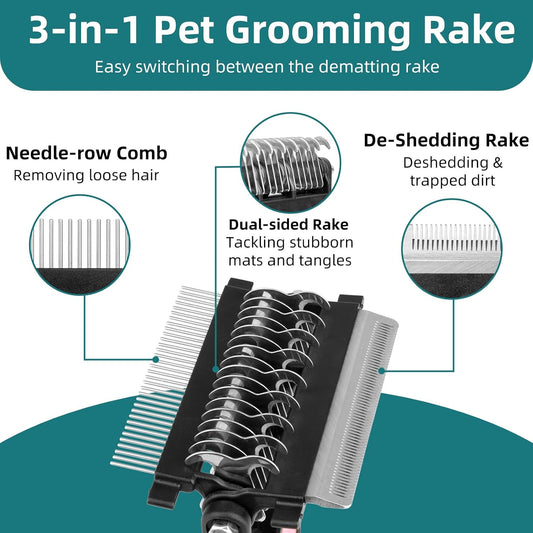 3-IN-1 Pet Grooming Tool - Undercoat Rake, Dematting Comb & Deshedding Brush for Cats & Dogs - Removes Mats, Tangles & Loose Fur, Reduces Shedding & Prevents Hair Mess (Pink)