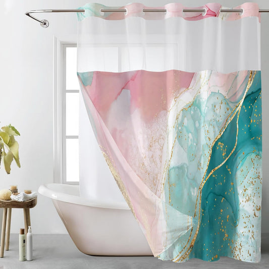 HVEST Pink Teal Marble No Hook Shower Curtain and Liner Set Abstract and Modern No Hook Shower Curtain with Snap in Liner Pink and Green Marble Shower Curtains for Bathroom,72 x 74 inch