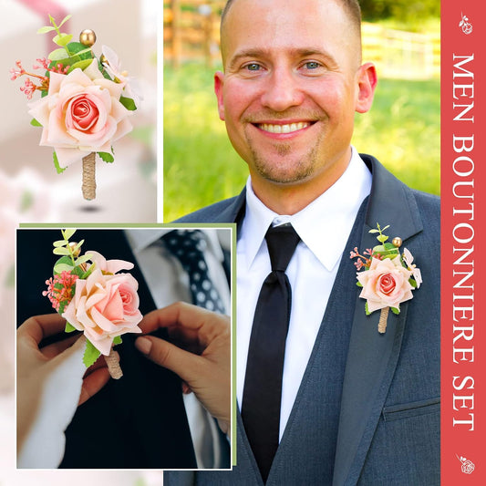 Sherr 12 Pcs Boutonniere for Men Wedding Flower Boutonniere Rose Corsage Set with Pin for Groom Groomsmen Prom Western Wedding Anniversary Dinner Fall Party Decor(Pink)