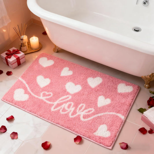 MEHOFOND Valentine's Day Bathroom Rug, Pink Love Heart Tufted Bath Mat, Soft Valentines Day Bath Mats Non Slip Absorbent Rectangle Shower Rug Front Door Mat for Home Kitchen Bedroom Decor, 17x24 Inch