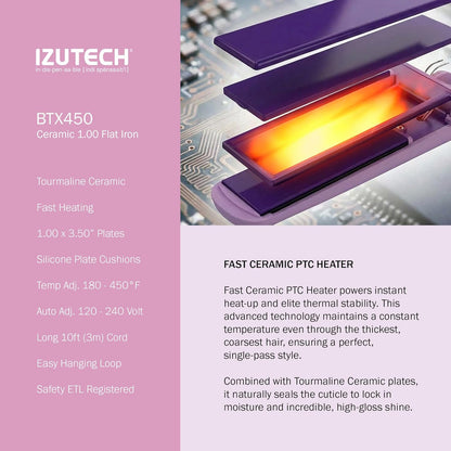 IZUTECH BTX450 1 Inch Tourmaline Ceramic Flat Iron Hair Straightener, Professional Salon Negative Ion Straightener with Adjustable Temperature for All Hair Types, Anti-Frizz High Shine, Pink