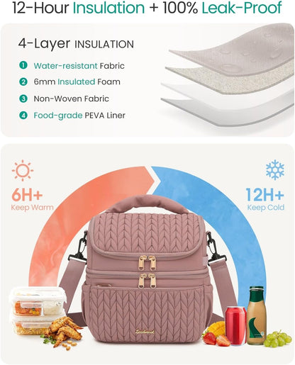 Lunch Bag Women, Double Deck Insulated Lunch Box - Large Capacity 12L with Detachable Divider for Tall Items, Leakproof, Durable & Reusable Cooler Bag For Work Picnic Travel, Quilted Pink