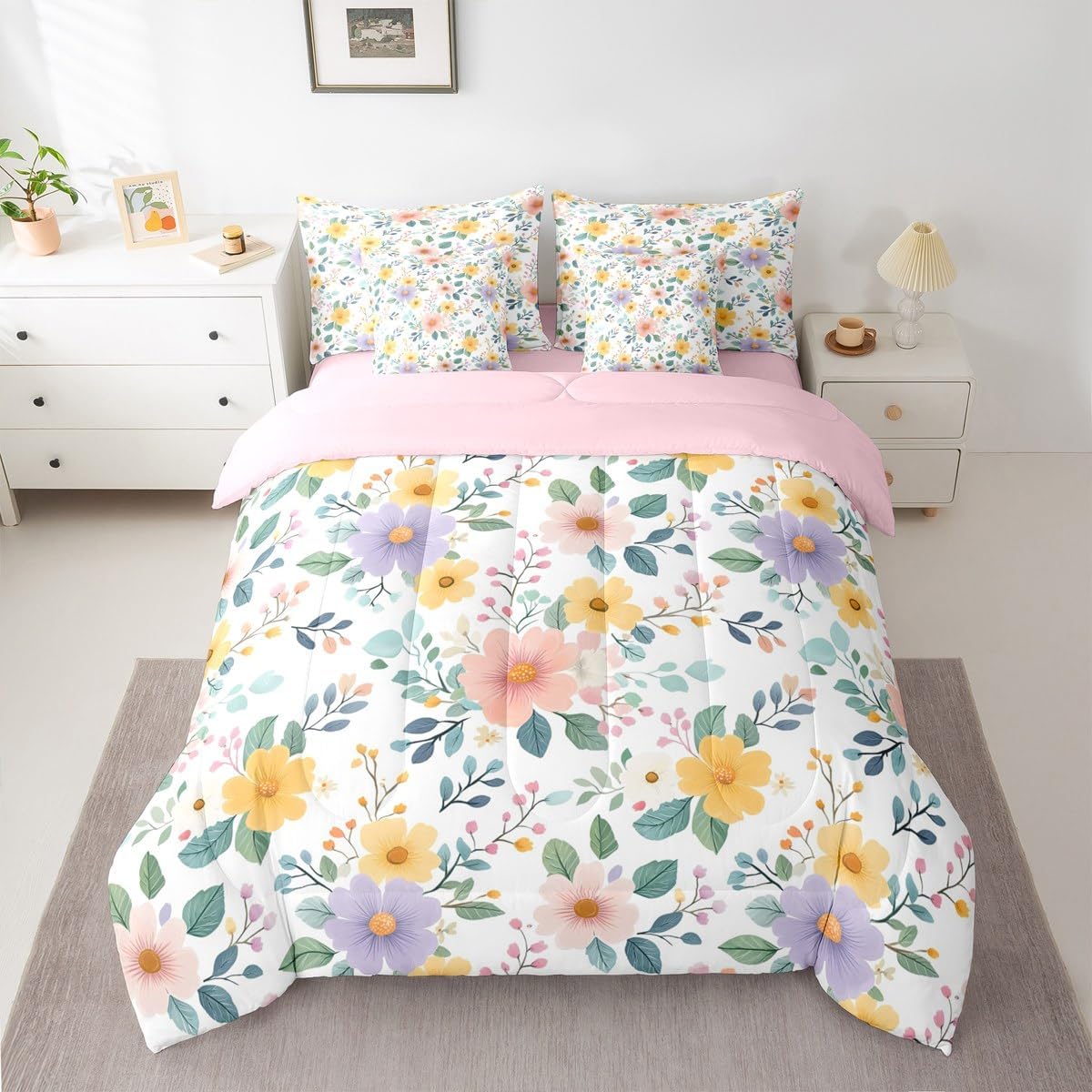 Erosebridal Floral 7 Piece Bedding Set Queen Peach Blossom Comforter Set with Sheets Colorful Flowers Hand Drawn Bed in a Bag Pink Black Botanical for Kids Girls Women
