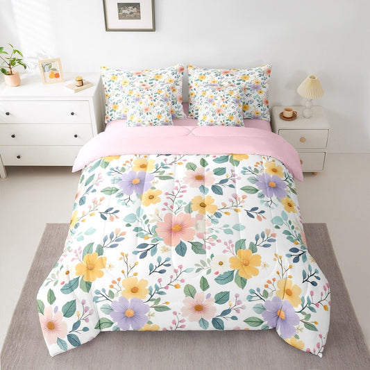 Erosebridal Floral 7 Piece Bedding Set Queen Peach Blossom Comforter Set with Sheets Colorful Flowers Hand Drawn Bed in a Bag Pink Black Botanical for Kids Girls Women