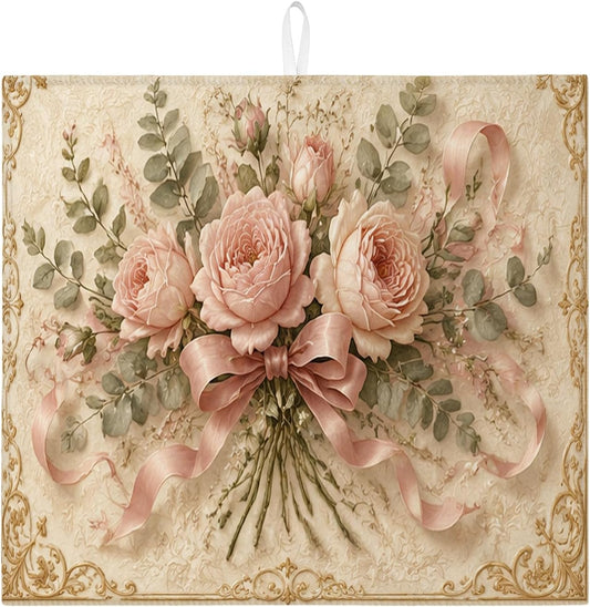 Peach Floral Dish Drying Mats for Kitchen Counter, Vintage Rose Absorbent Dish Drainer Mat, Spring Elegant Microfiber Drying Pad for Coffee Bar Protector 16x18 Inch