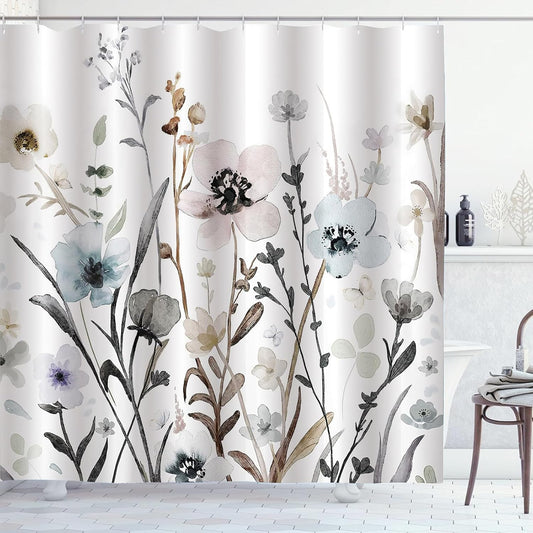 Grey Pink Blue Floral Shower Curtain Watercolor Flower Shower Curtains for Bathroom Waterproof Polyester Fabric Bathroom Curtain 72 x 72 Inch with 12 Plastic Hook