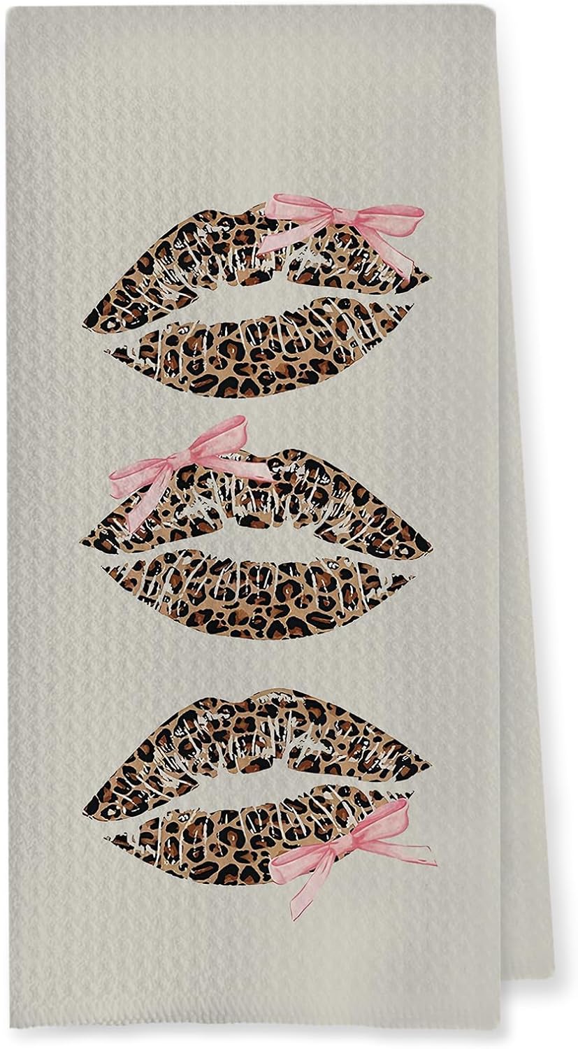 Coquette Pink Bow Leopard Lip Print Bathroom Hand Towels, Trendy Girly Cheetah Print Lips Decorative Hand Towels for Bathroom Washroom Restroom Powder Room, 16x24 Inch