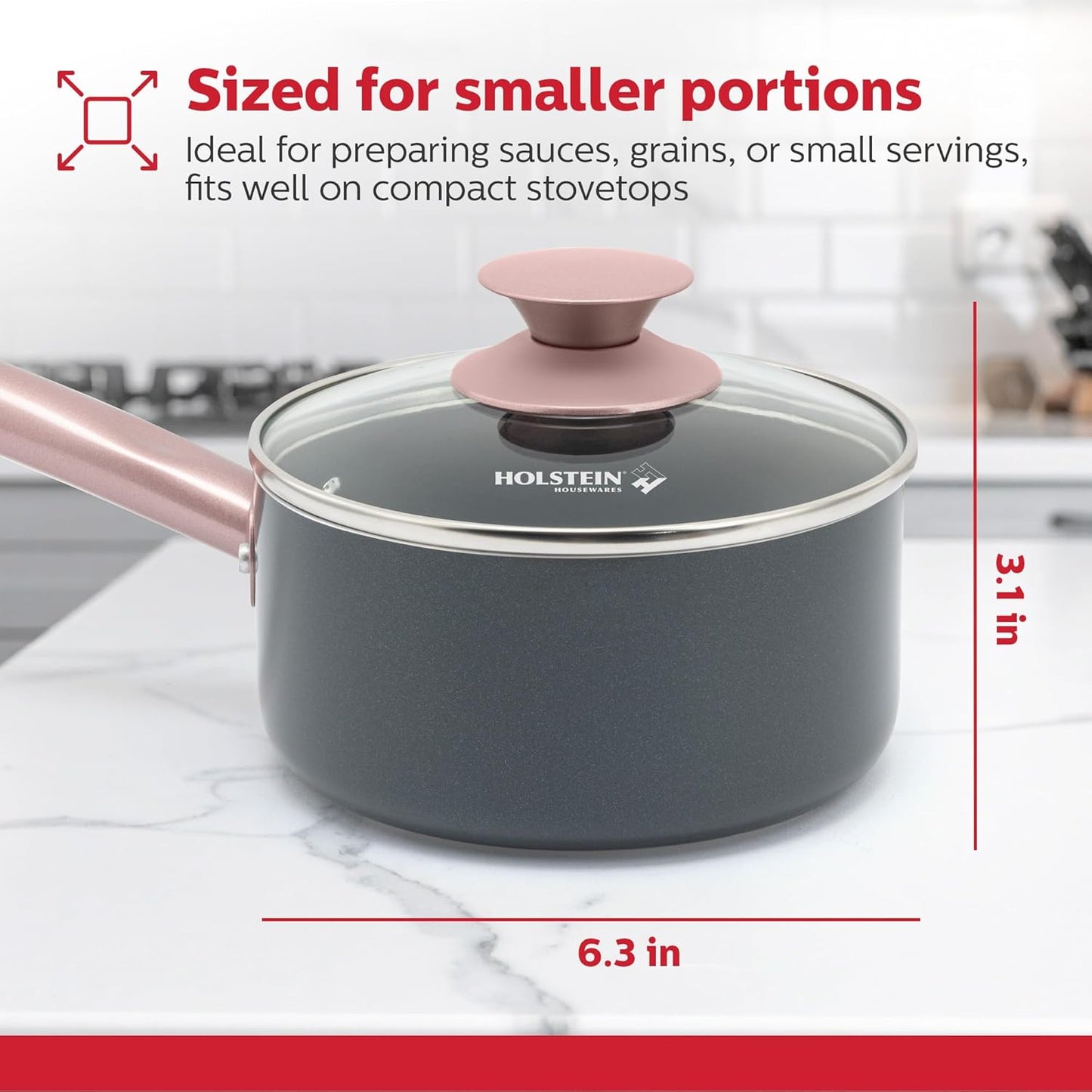 Holstein Housewares 1.5QT Ceramic Nonstick Saucepan with Glass Lid, Multipurpose Sauce Pan with Stainless Steel Handle, Induction Bottom – Stylish, Durable & Easy to Clean, Cool Grey & Rose Gold