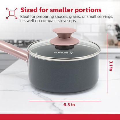 Holstein Housewares 1.5QT Ceramic Nonstick Saucepan with Glass Lid, Multipurpose Sauce Pan with Stainless Steel Handle, Induction Bottom – Stylish, Durable & Easy to Clean, Cool Grey & Rose Gold