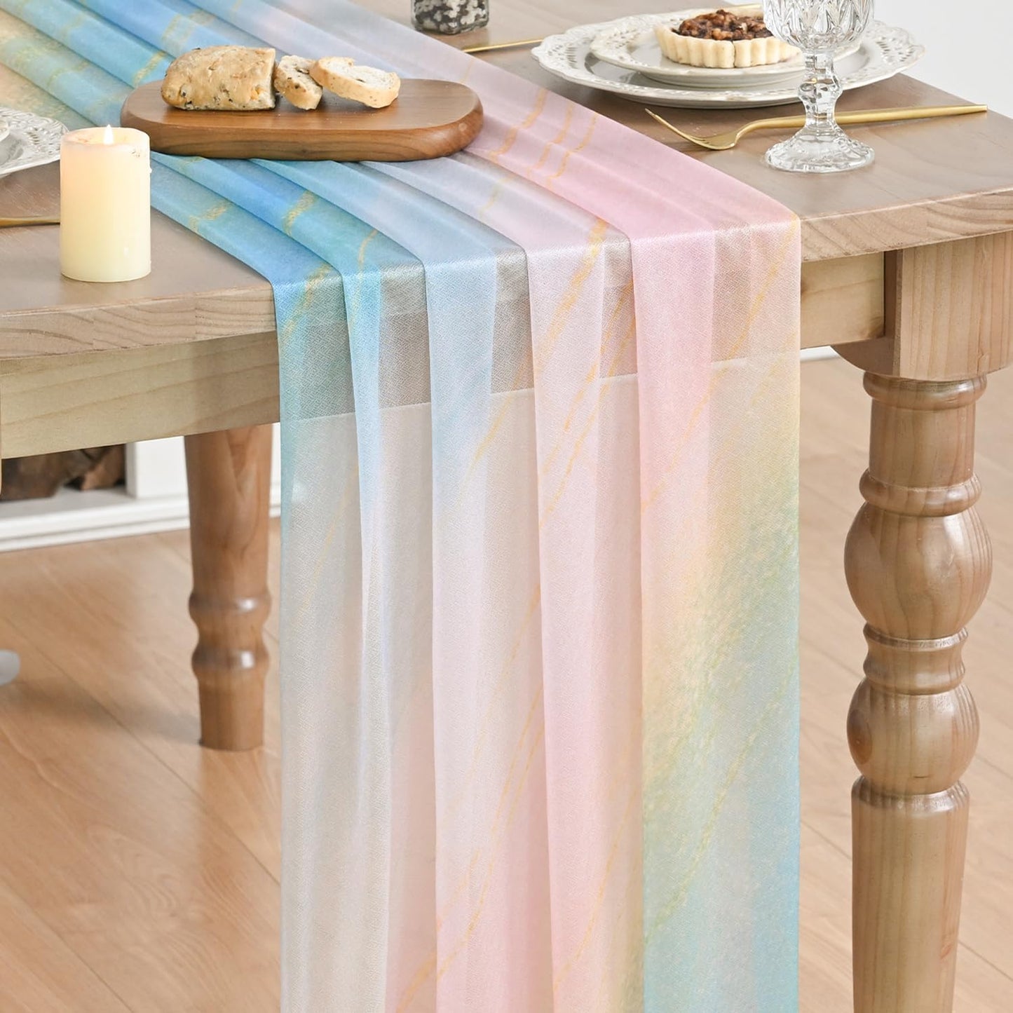 Artoid Mode Boho Gradient Pink Blue Stripes Spring Chiffon Table Runner 120 Inches 10FT,Seasonal Fabric Kitchen Dining Holiday Table Decor for Home Party