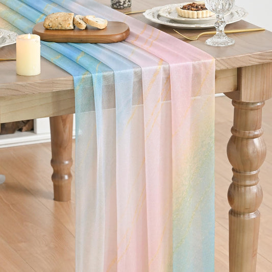 Artoid Mode Boho Gradient Pink Blue Stripes Spring Chiffon Table Runner 120 Inches 10FT,Seasonal Fabric Kitchen Dining Holiday Table Decor for Home Party