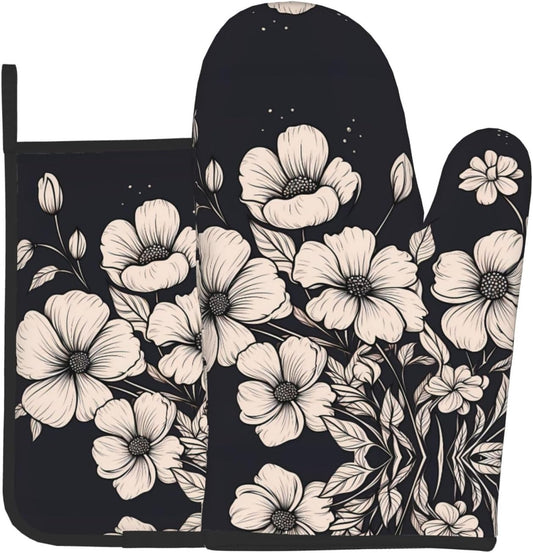 Light pink flowers Patterned Heat-Proof Gloves and Protective Mat Set (2-Piece) - For Ovens, Microwaves, and Grills