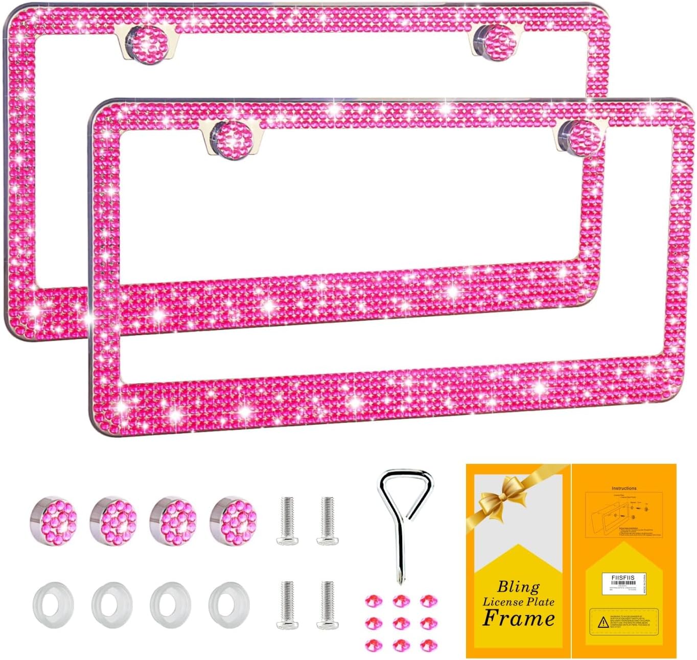 FIISFIIS Bling License Plate Frame for Women,2 Pack Premium Stainless Steel Rhinestone Car License Plate Holder,Handmade Glitter Crystal Diamond Lincense Plate Cover,Bedazzled Sparkly Caps-Pink
