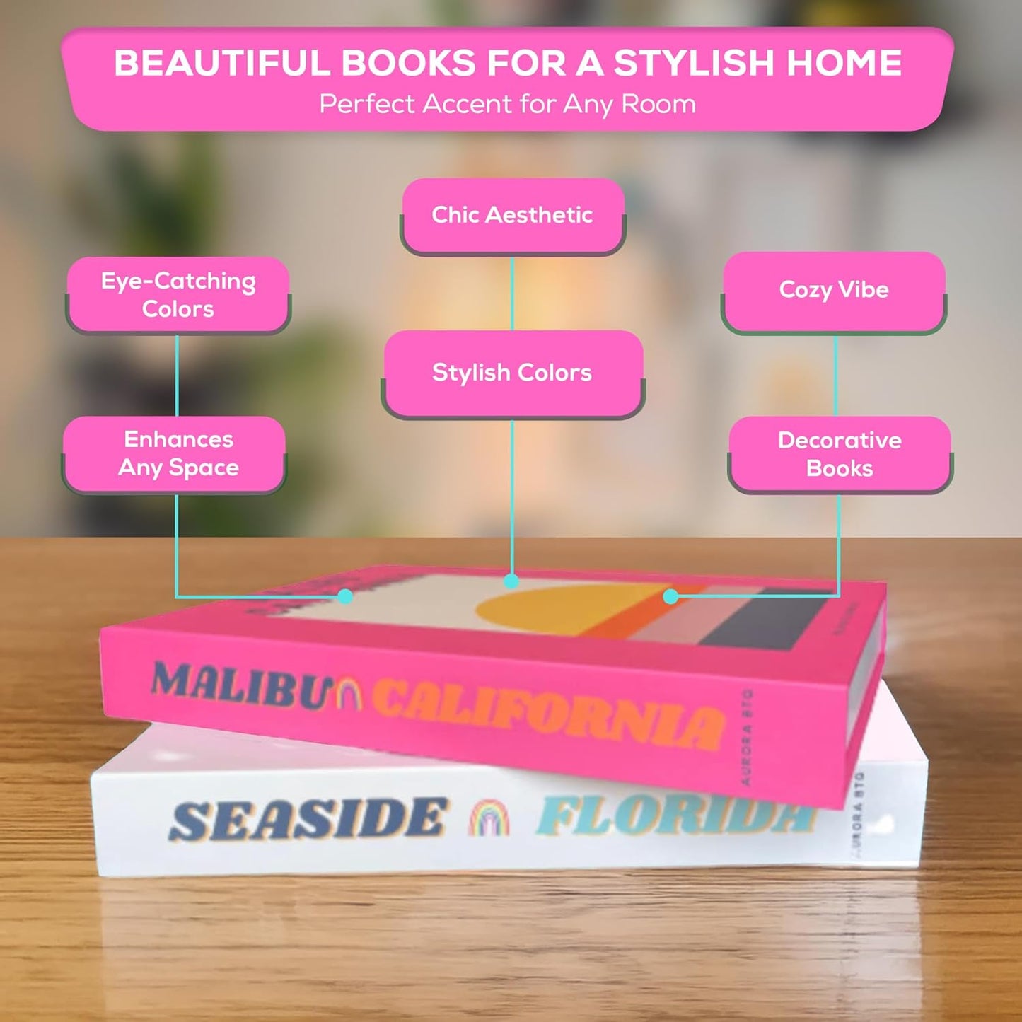 Decorative Books in Pink and White Malibu Seaside Teen Girls, Women Modern Preppy Aesthetic Stacked Home Book Decor Bookshelf & Coffee Table Decor Faux Books College Dorm AuroraBTQ Set of 2
